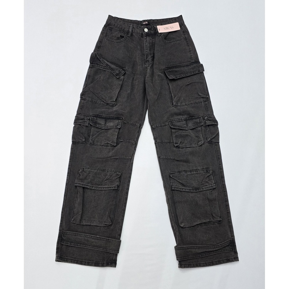 MICAS Womens Multi Pocket Cargo Jeans Washed Black Wide Leg Utility Pants S NEW